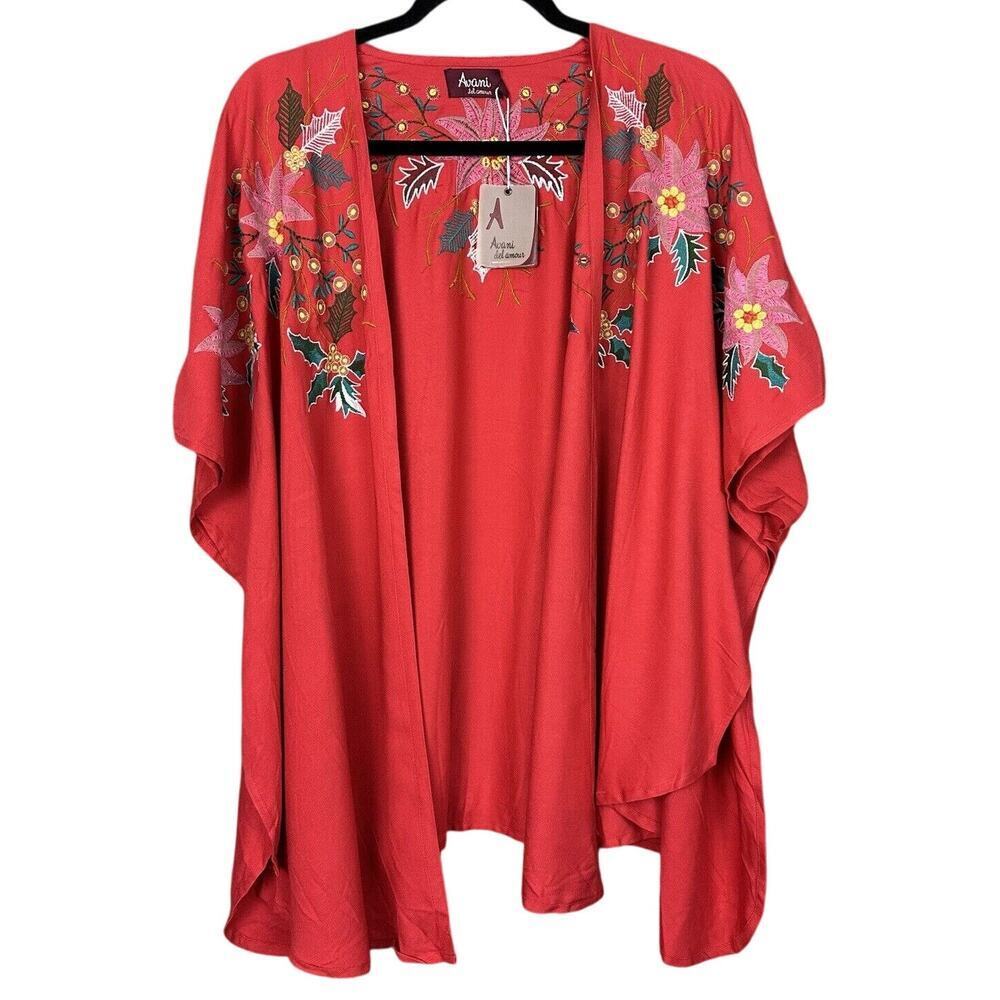 Avani Womens Embroidered Red Kimono Open Front Floral Size Small S NWT